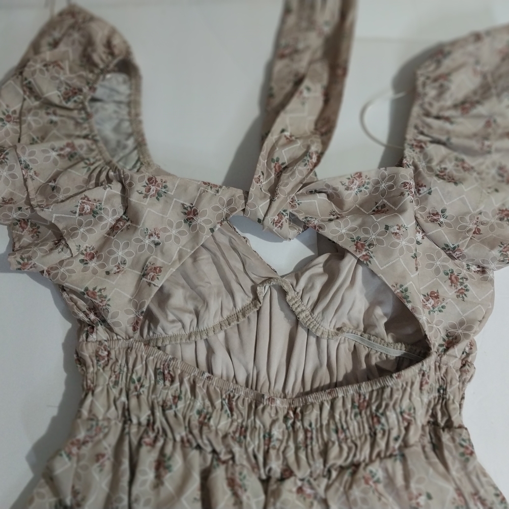 Altar D State Floral Maxi Dress Beige Ruffle Sleeve Cottagecore Prairie Dress - Picture 10 of 14